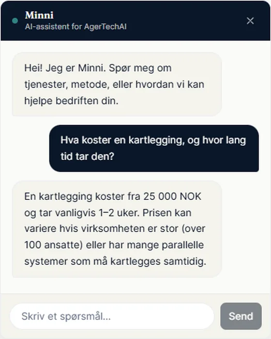 Skjermbilde fra Minni: spørsmålet «Hva koster en kartlegging, og hvor lang tid tar den?» og svaret «fra 25 000 NOK og tar vanligvis 1–2 uker».